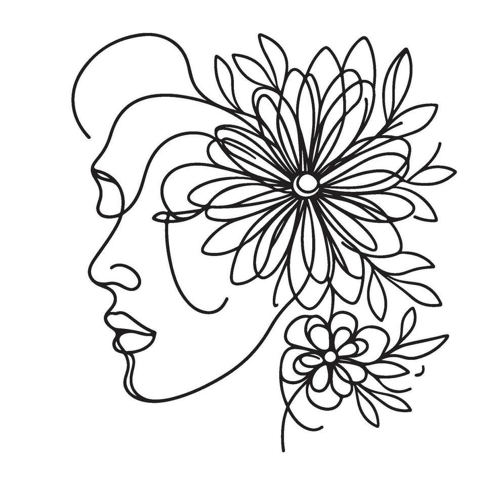 Minimalistic Surreal Line Art Of A Woman With Flowers vector