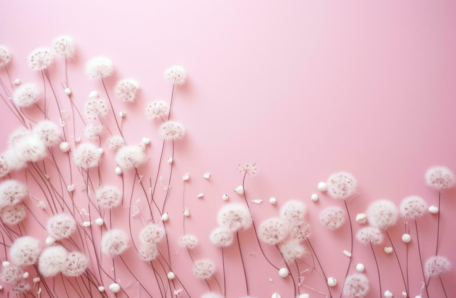 AI generated a pink background showing snowy white decorations, photo