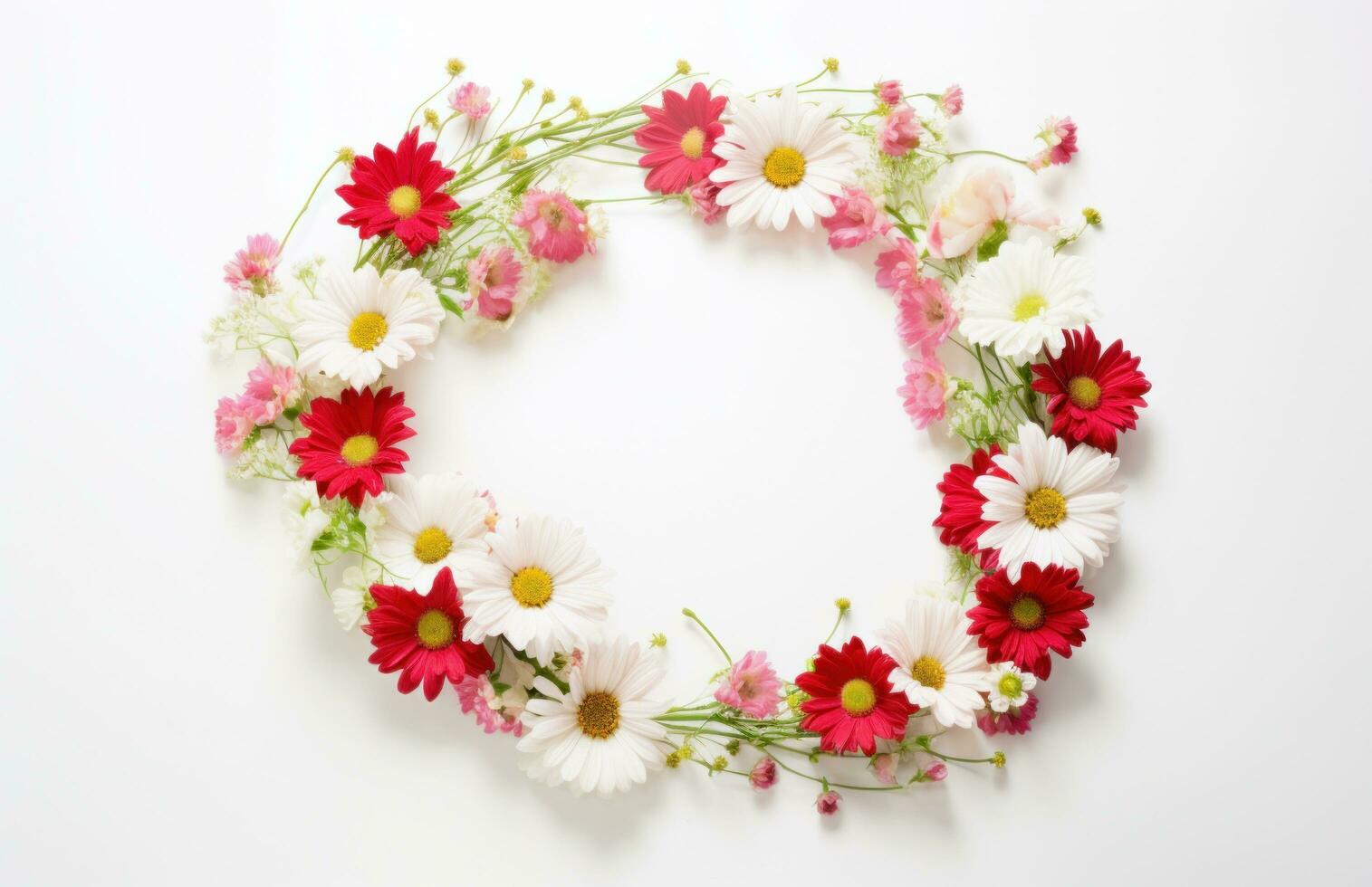 AI generated a wreath of roses and daisies is arranged on a white background, photo