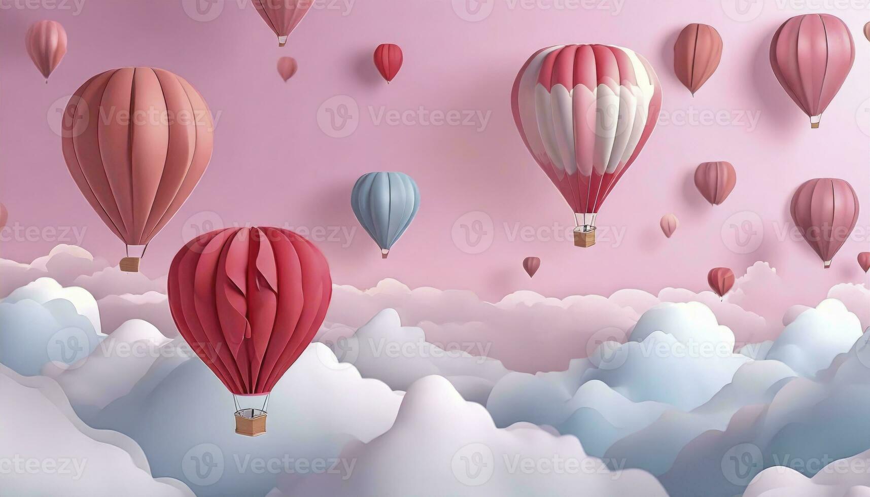 AI generated Skyward Sojourn. Hot Air Balloons Serenely Floating Above the Clouds, Embarking on a Dreamlike Journey Through the Azure Skies. photo