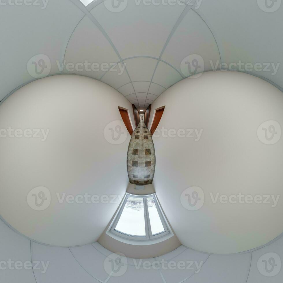 abstractly twisted into a spherical 360 panorama interior of a modern office with a hall staircase and panoramic windows photo