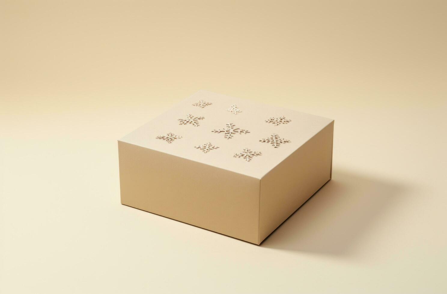 AI generated christmas box on beige background with snowflakes, photo