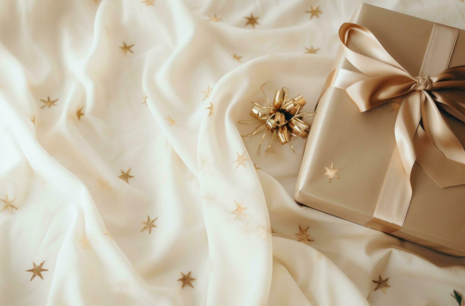 AI generated christmas decorations, wrapping paper and gold bows on a beige background, photo