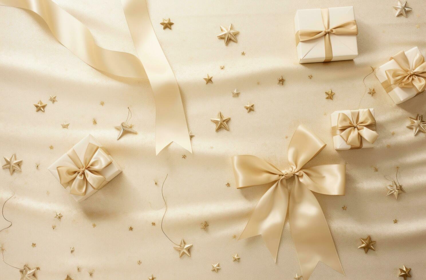 AI generated christmas decorations, wrapping paper and gold bows on a beige background, photo