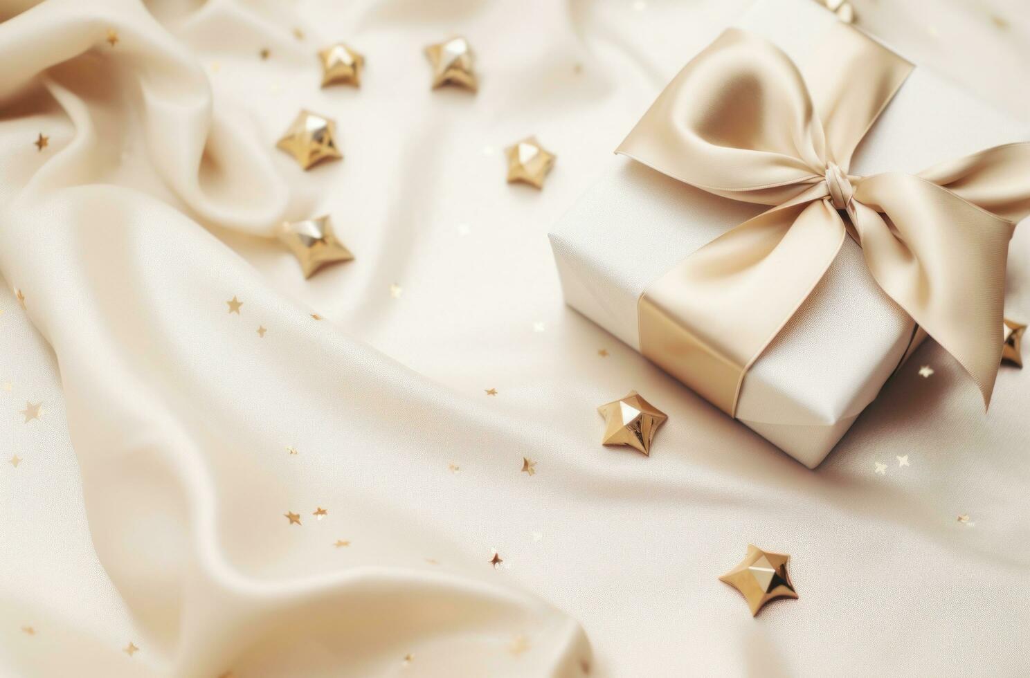 AI generated christmas decorations, wrapping paper and gold bows on a beige background, photo