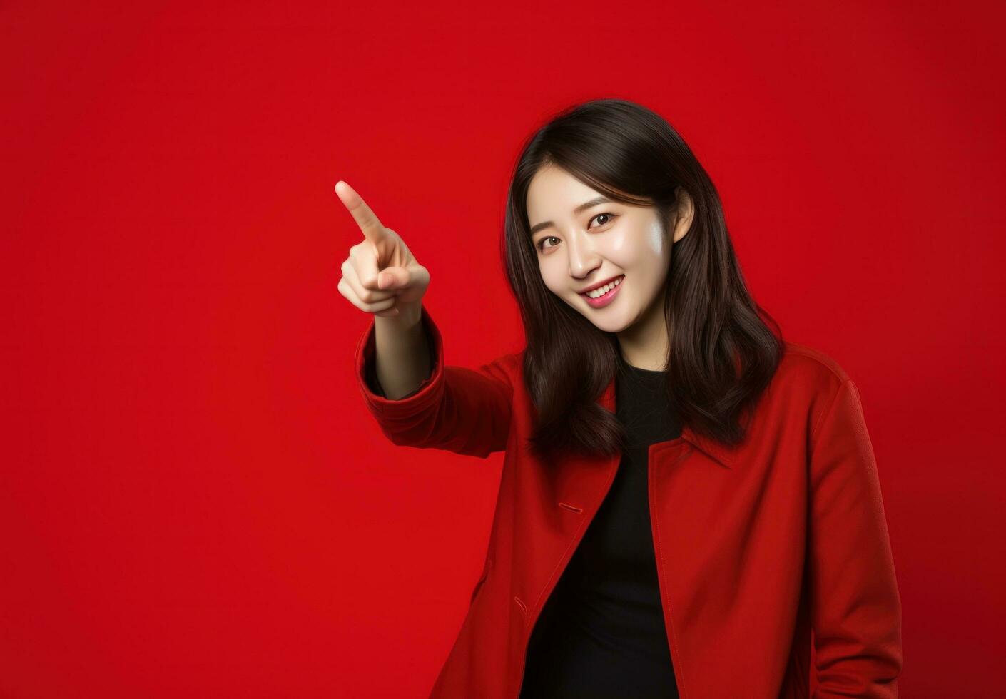AI generated asian girl pointing with b photo
