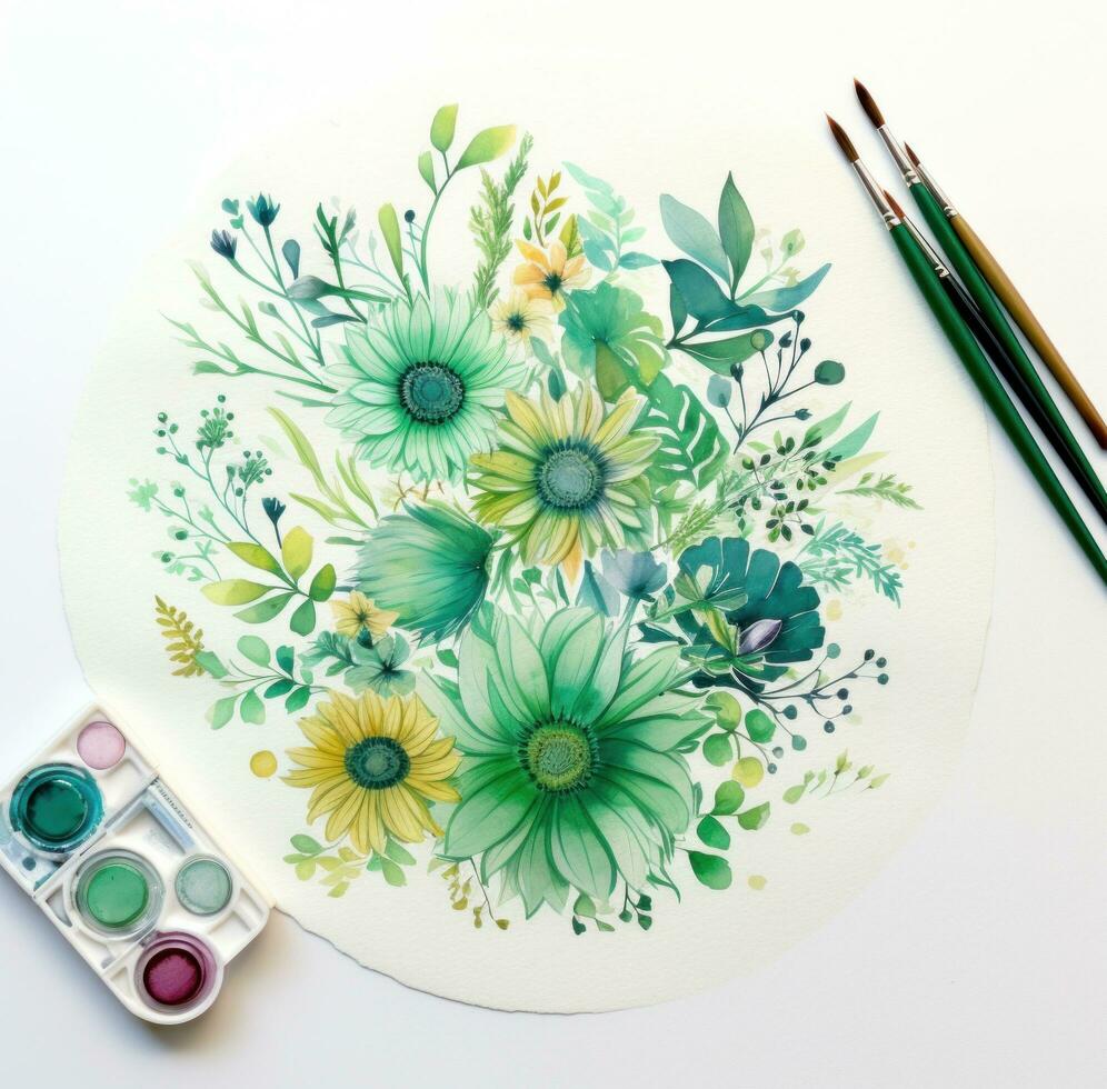 AI generated an arrangement on watercolor paper with paint brushes and pencils, photo