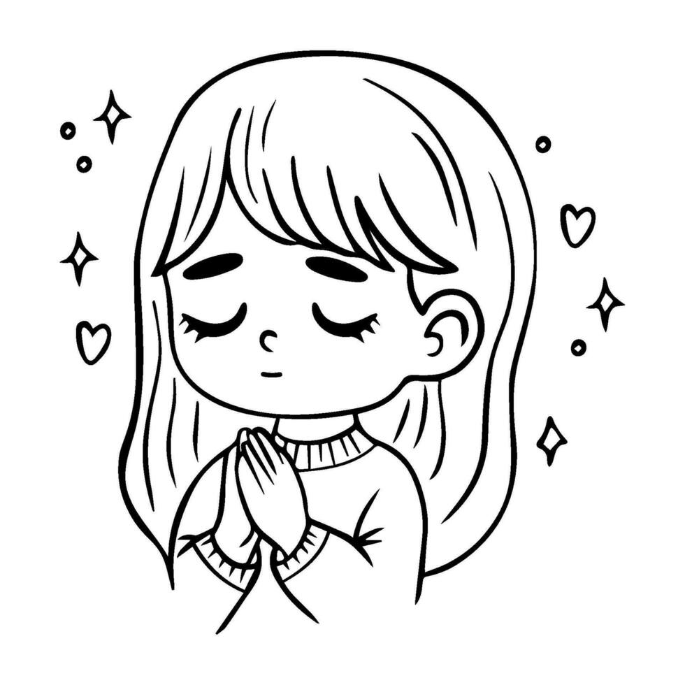 Portrait cute praying little girl with long hair. Vector illustration. Linear hand drawing, coloring book. Religious believer child character concept. Kids collection.