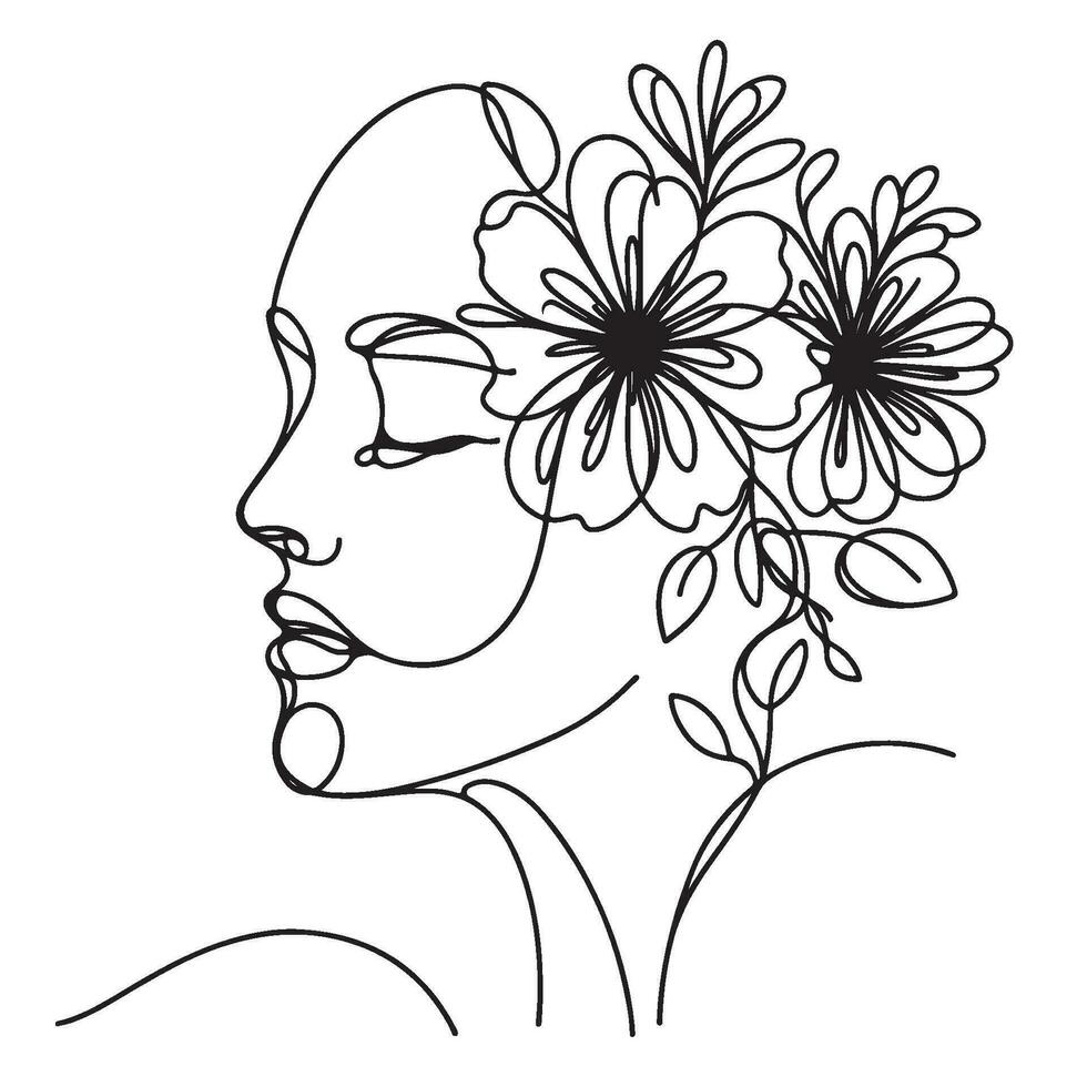 Minimalistic Face With Flowers Line Art vector