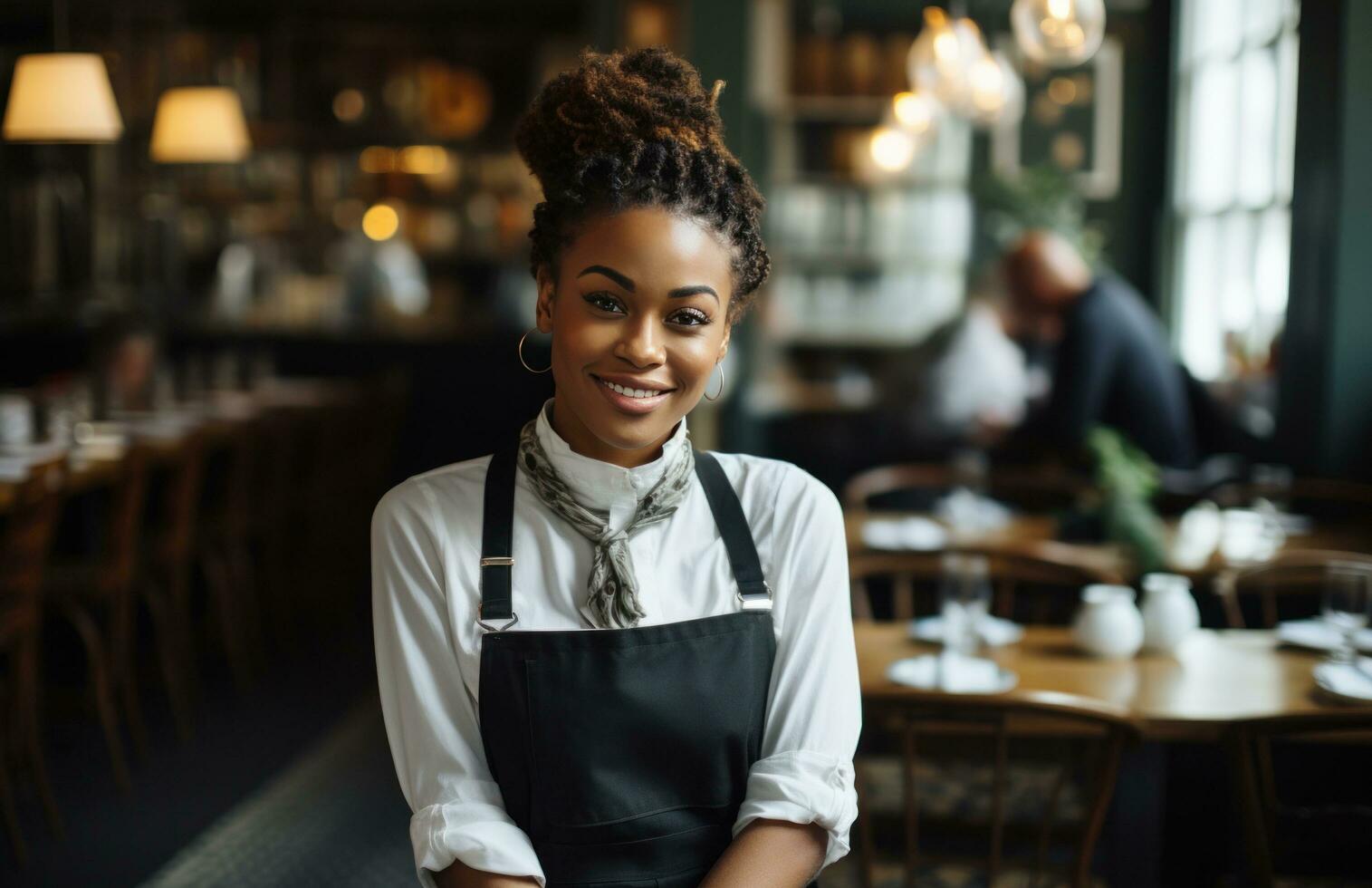 AI generated woman chef with a smile and arms crossed posing in a restaurant photo