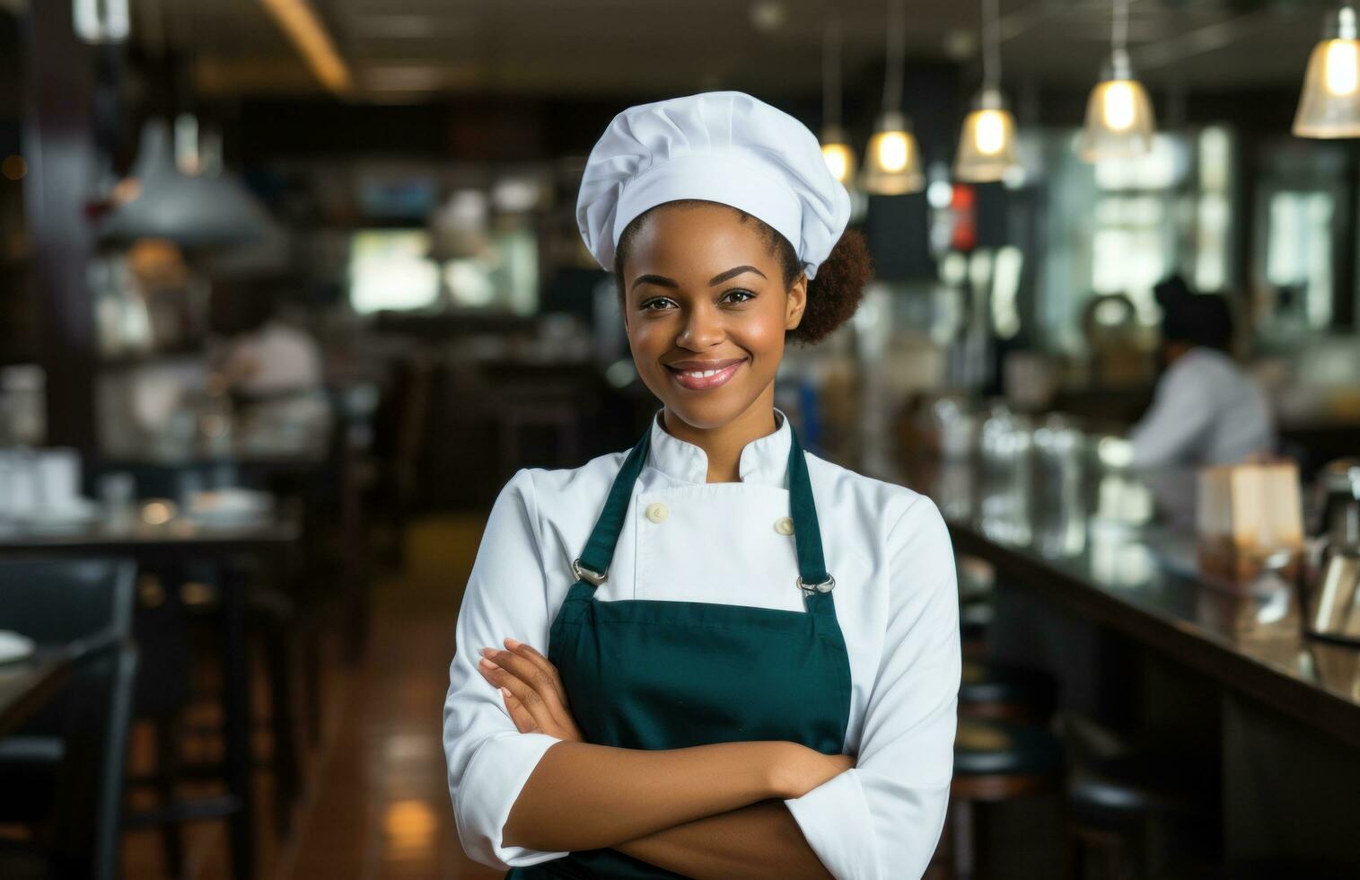 AI generated woman chef with a smile and arms crossed posing in a restaurant photo