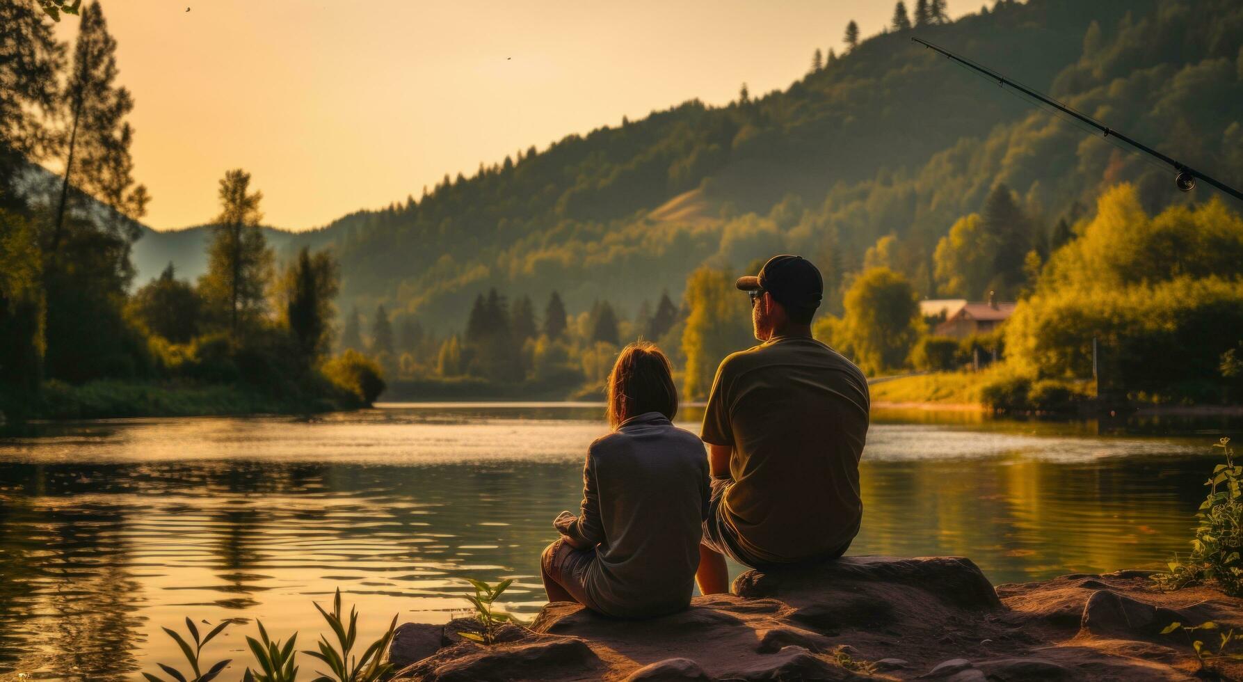 AI generated two people sit on a dock at the lake playing with their fishing rods photo