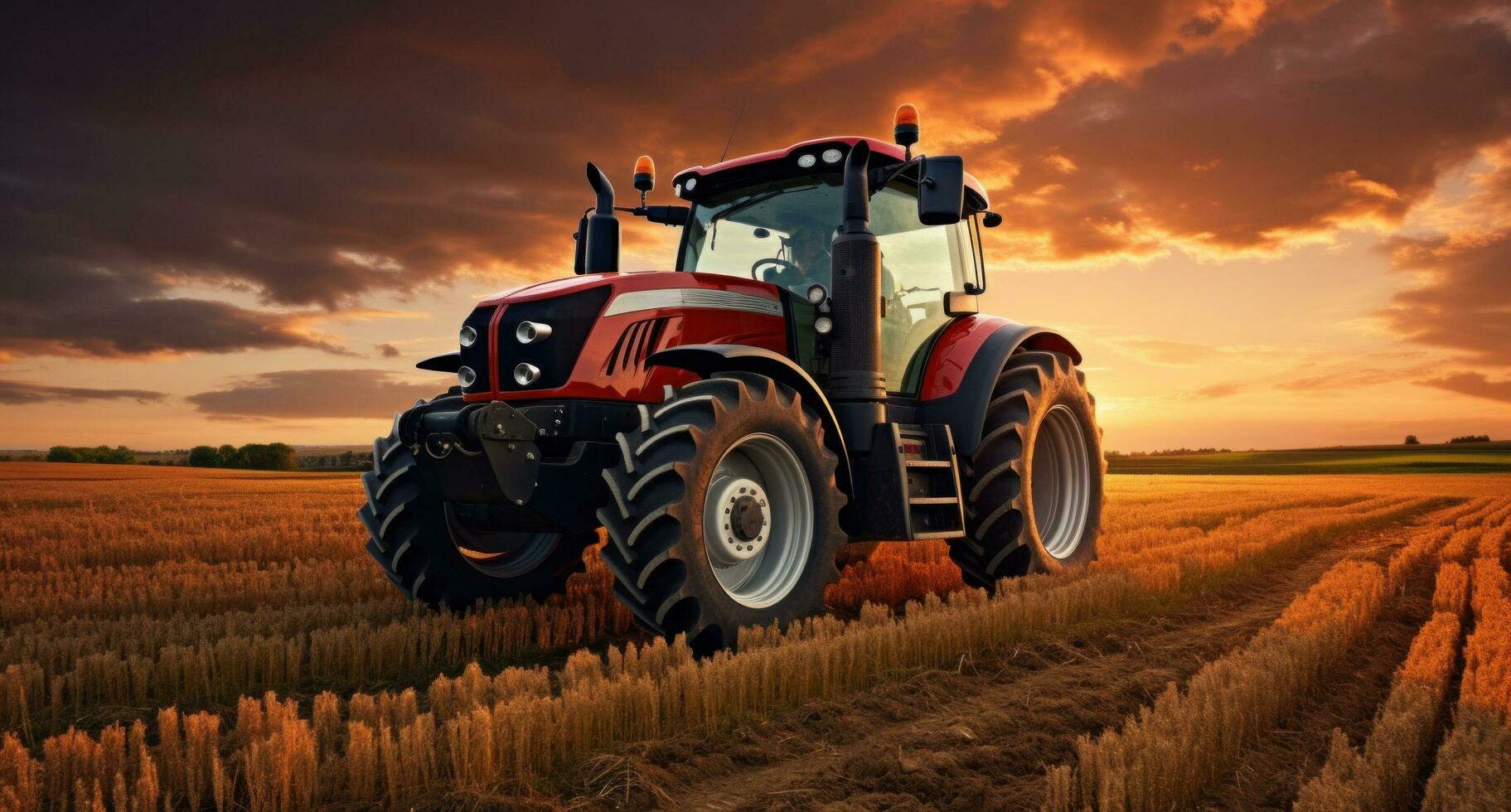 ai generado esta es un imagen de un tractor en el campo, a puesta de sol foto