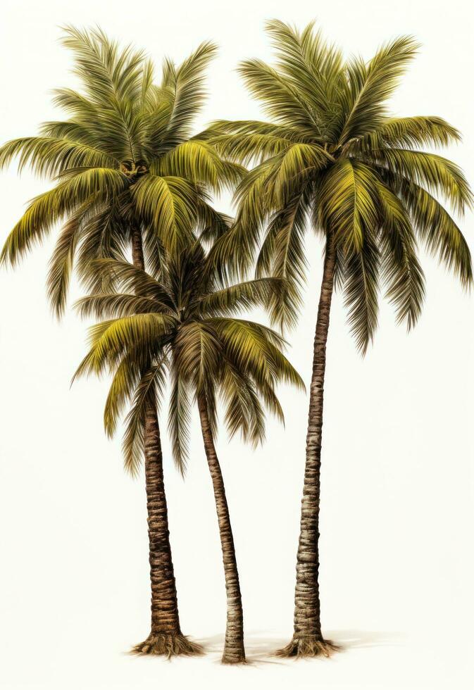 AI generated three lone palm trees are placed together, with linterna and white background photo