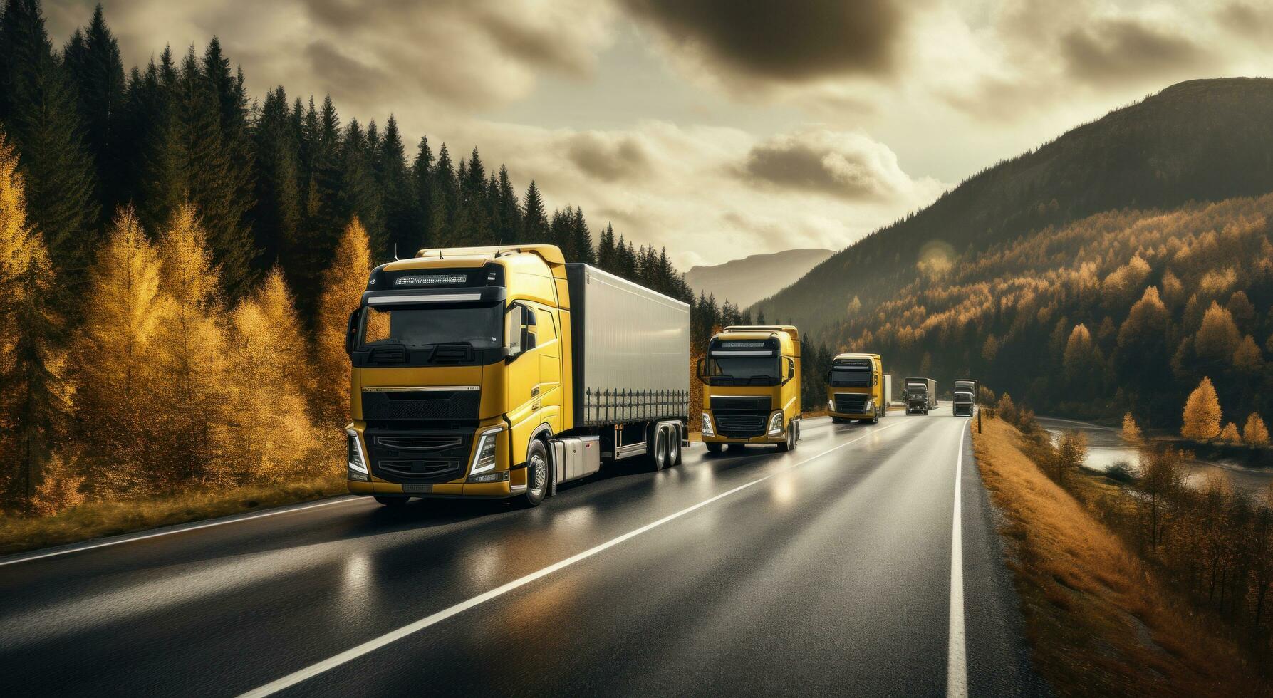 AI generated three trucks on a highway, with trees on either side of the road photo