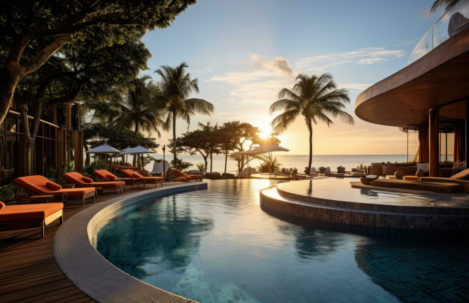 AI generated the swimming pool in a resort with an ocean view photo