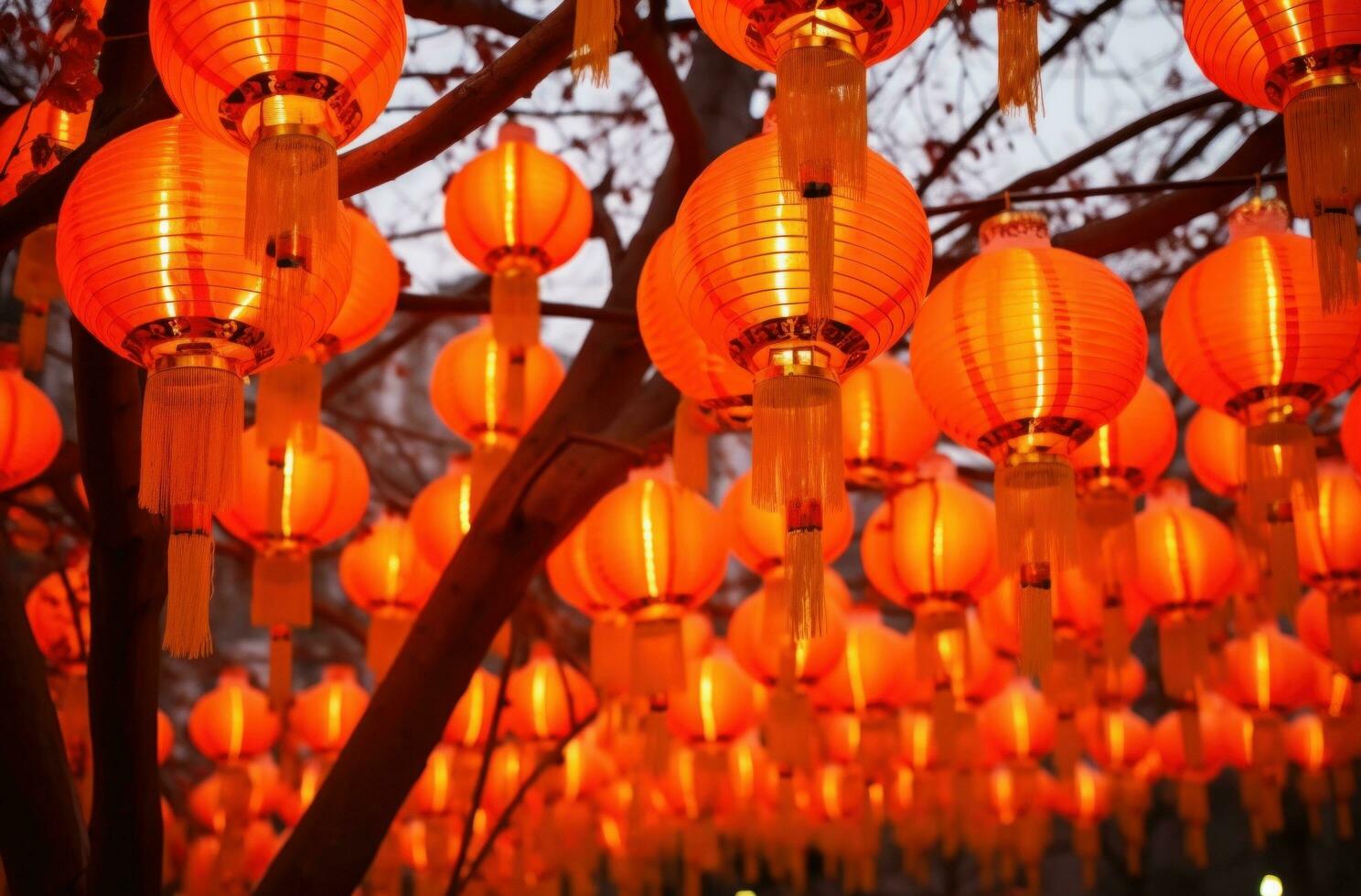 AI generated chinese new year chinese lanterns on the trees photo