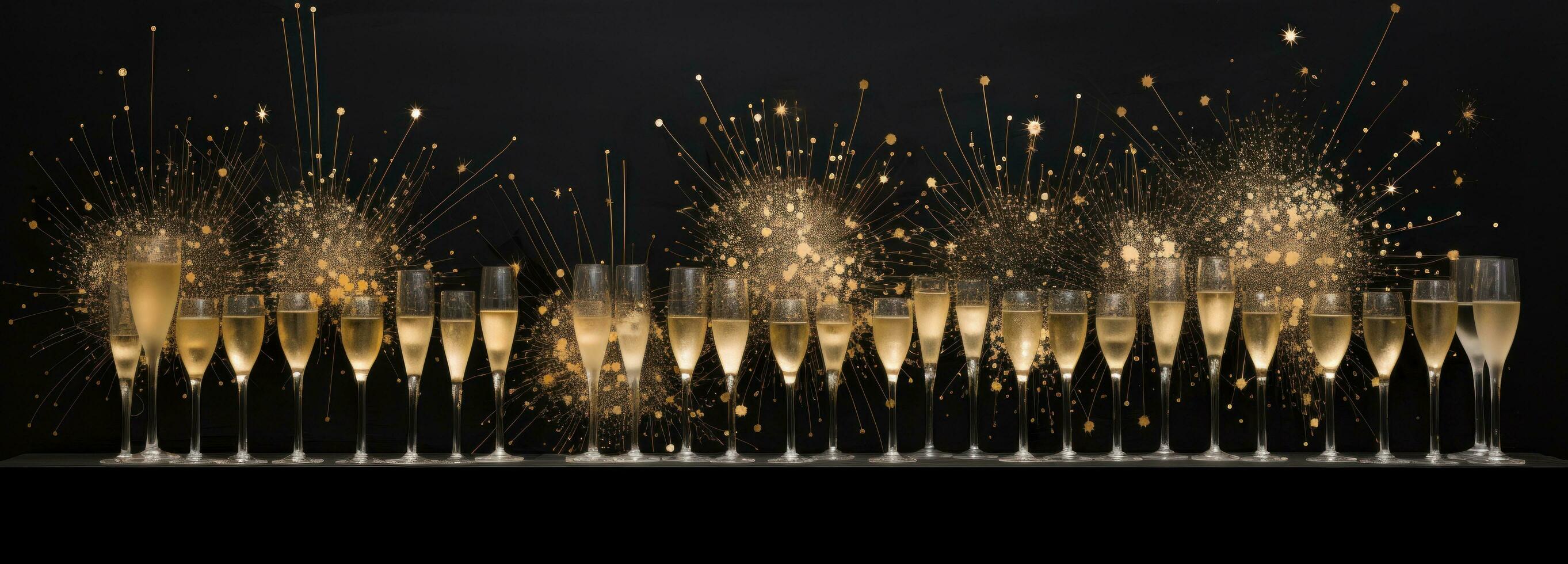 AI generated champagne glasses and fireworks against a dark grey background, photo