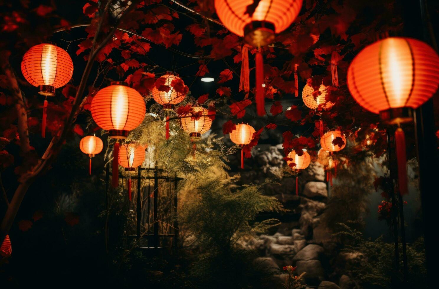 AI generated an image of paper lanterns on a walkway, photo