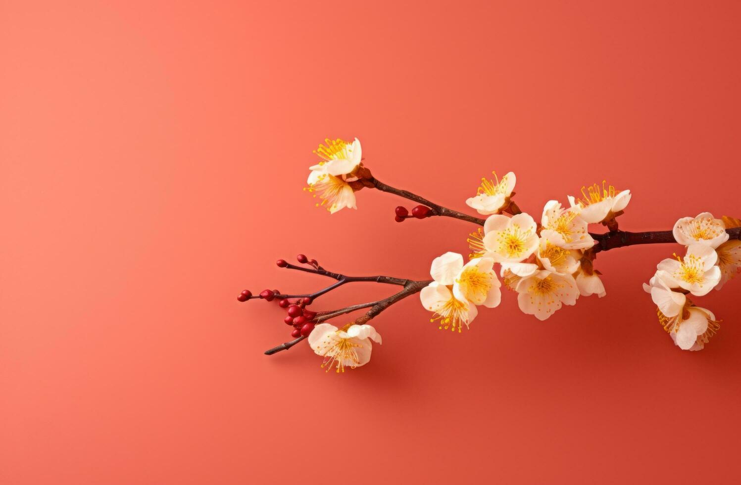 ai generado Cereza florecer rama en frente de un amarillo fondo, l foto