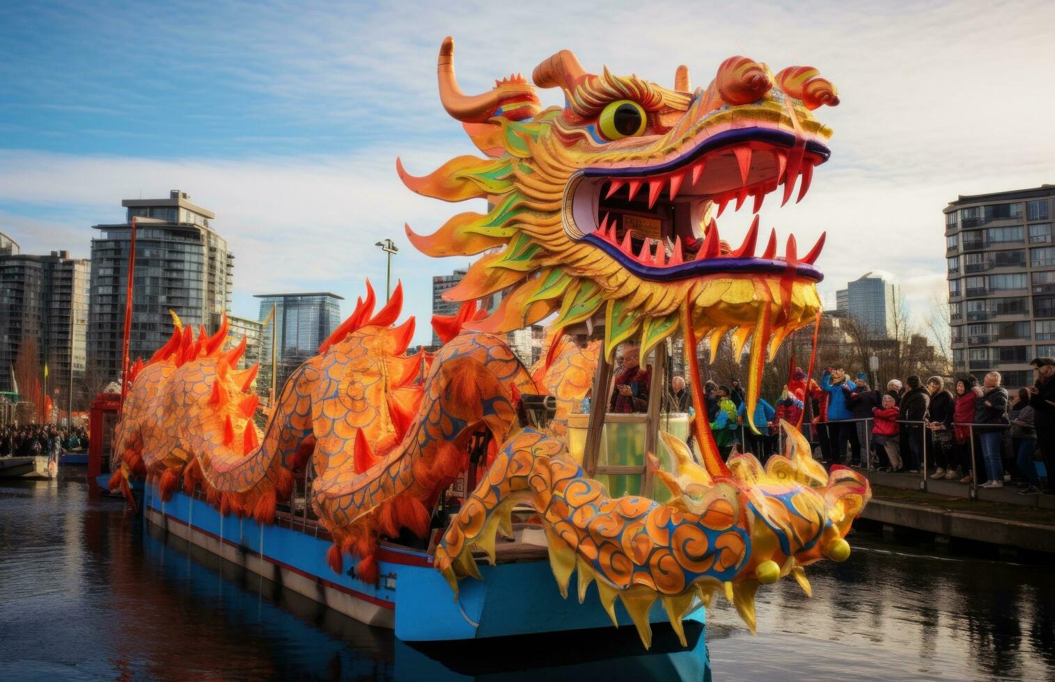 AI generated chinese dragon float parades in vancouver, photo
