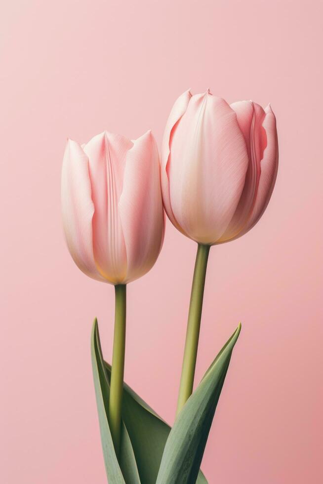 AI generated close up of three pink tulips on a pink background photo