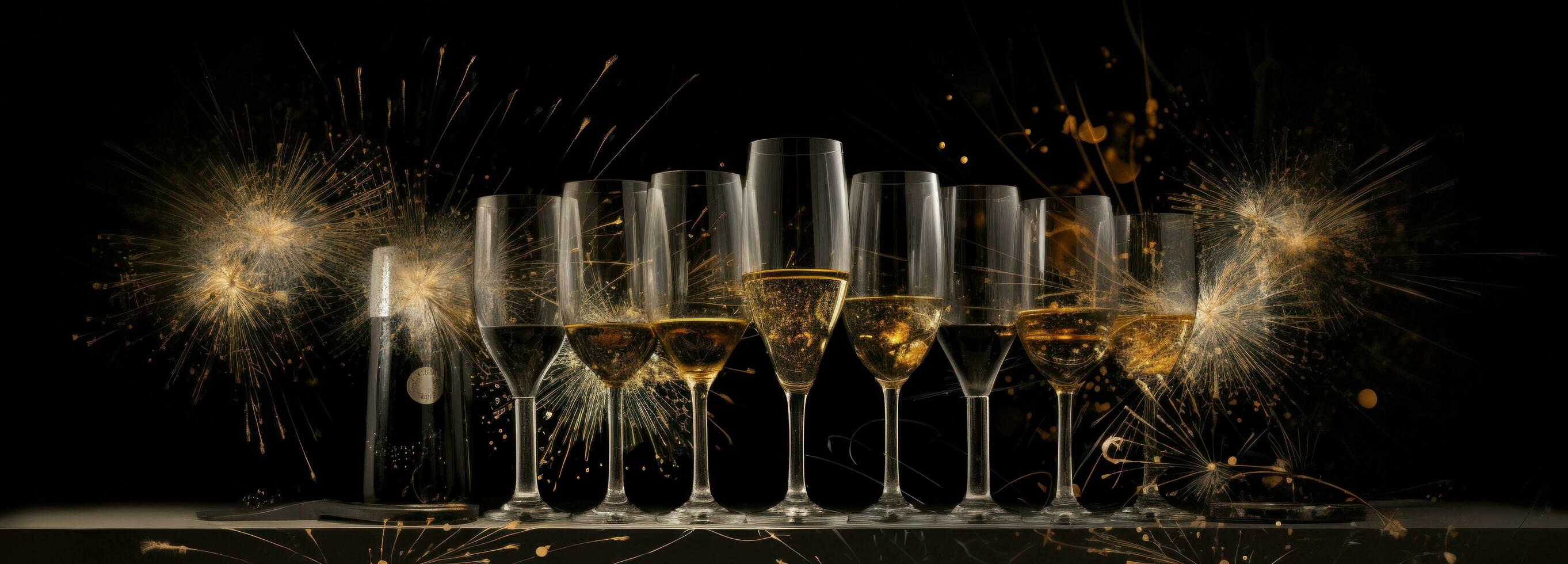 AI generated champagne glasses and fireworks against a dark grey background, photo