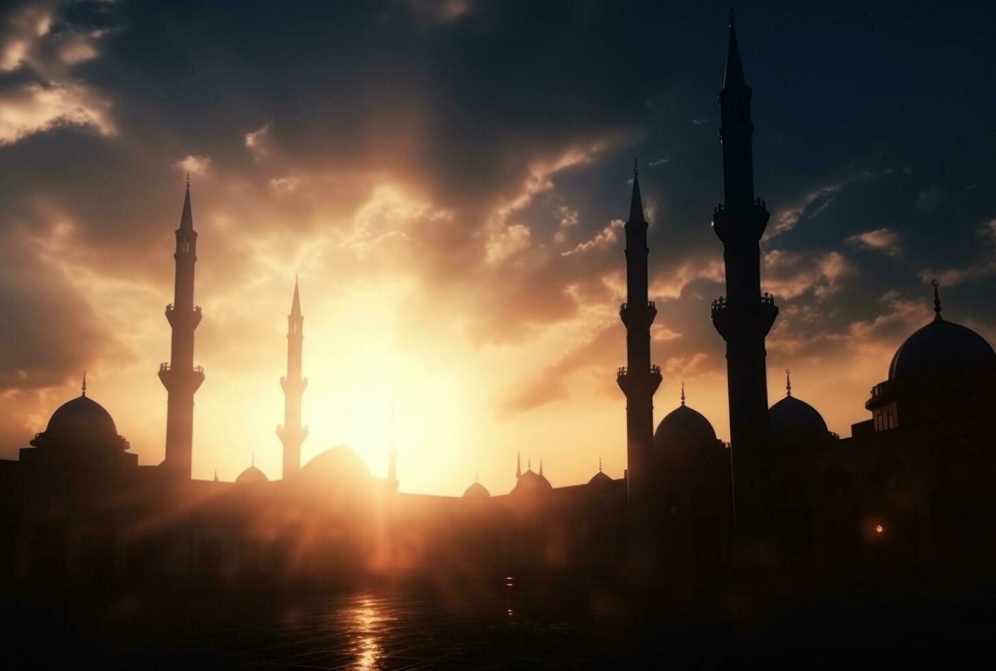 AI generated eid ul fitr and a mosque are silhouetted against the sky, photo