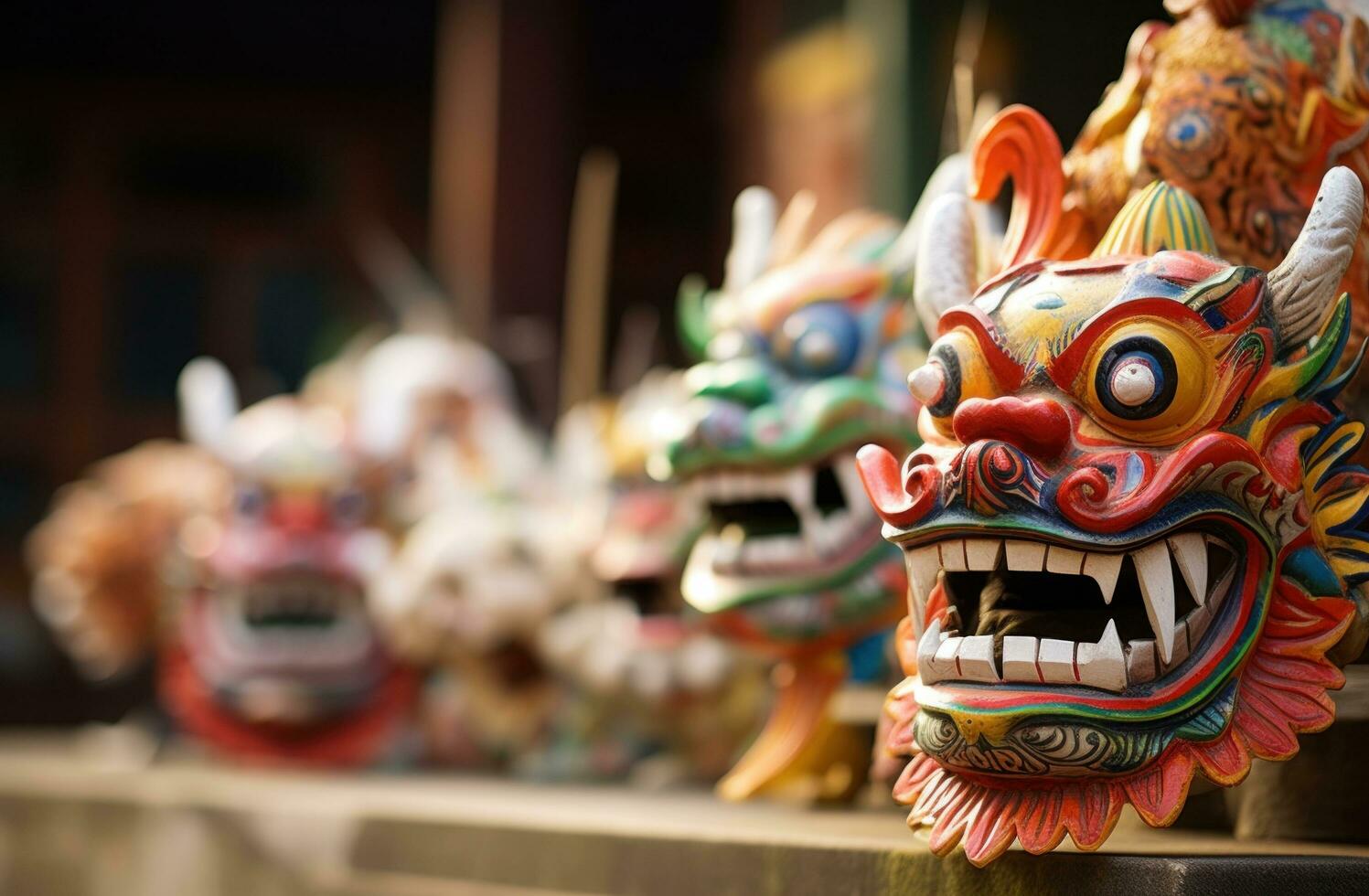 AI generated different chinese masks and decorations are placed in front of a building, photo