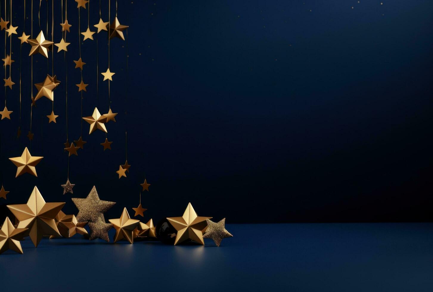 ai generado oro Navidad adornos arreglado en un azul marco con estrellas foto