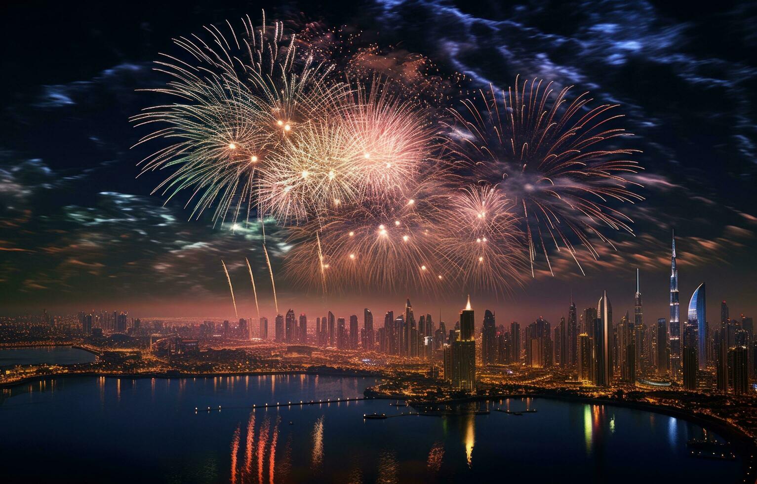 AI generated fireworks explode over a city at night, photo