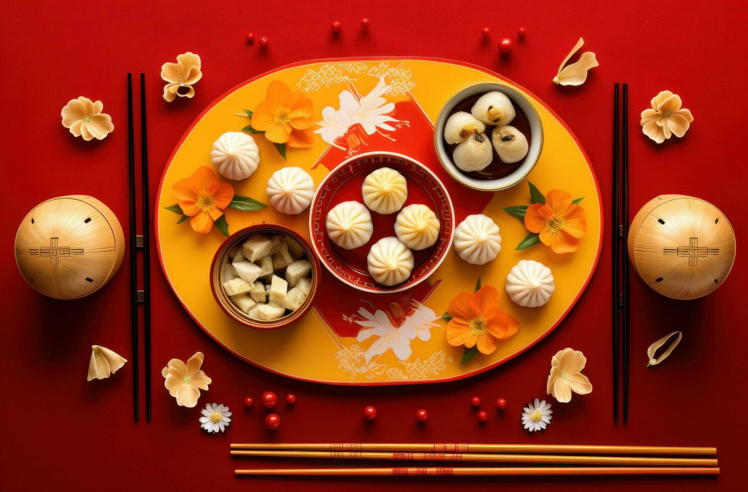 AI generated dumplings and xiao long bao on red table with chopsticks, i photo