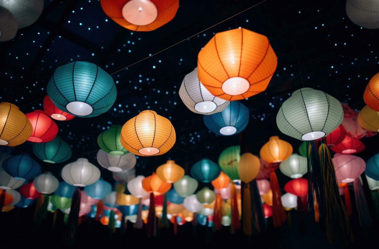 AI generated colorful paper lanterns hanging from the ceiling bokeh photo