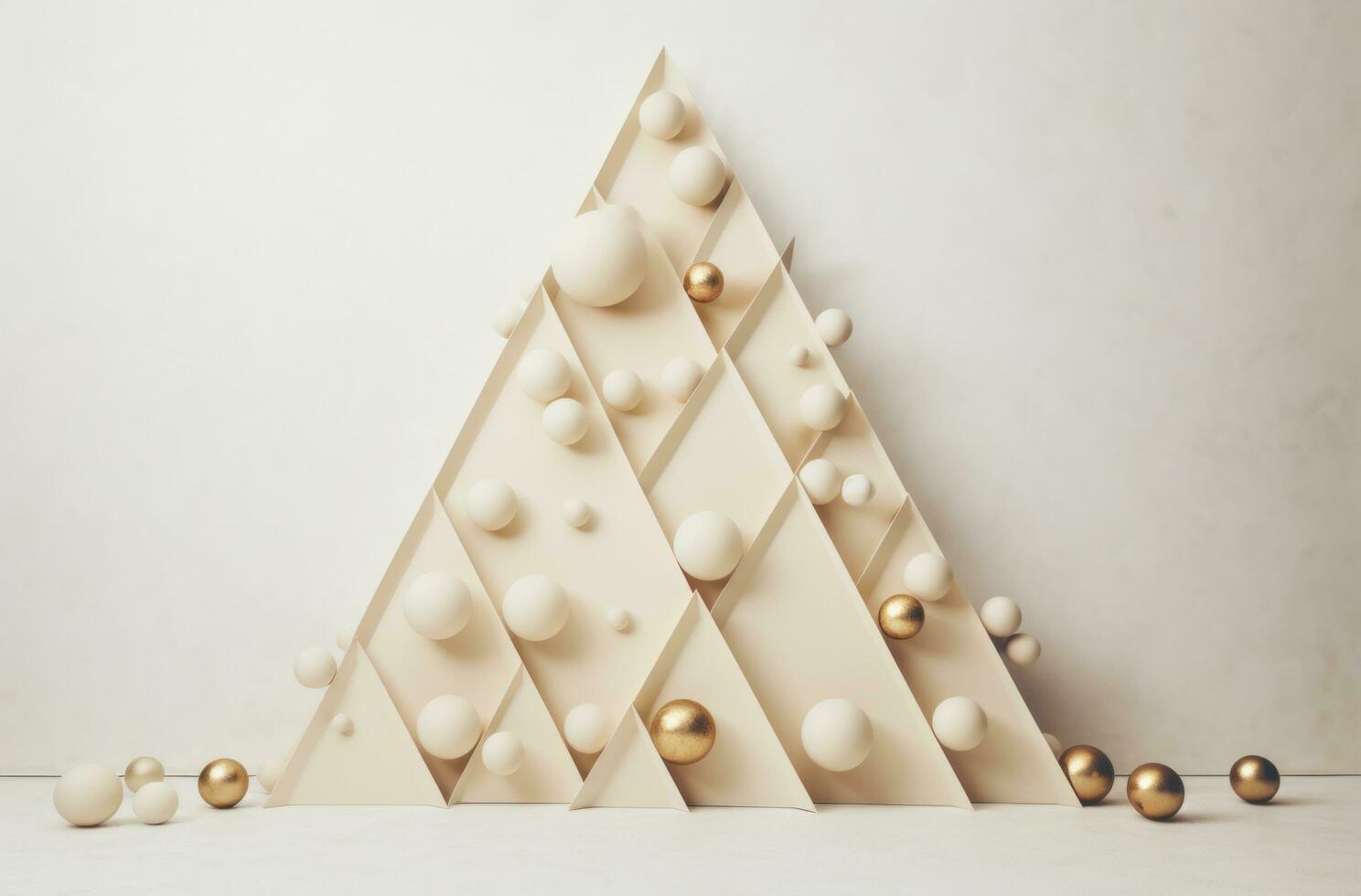 AI generated christmas tree around a beige area with baubles, photo