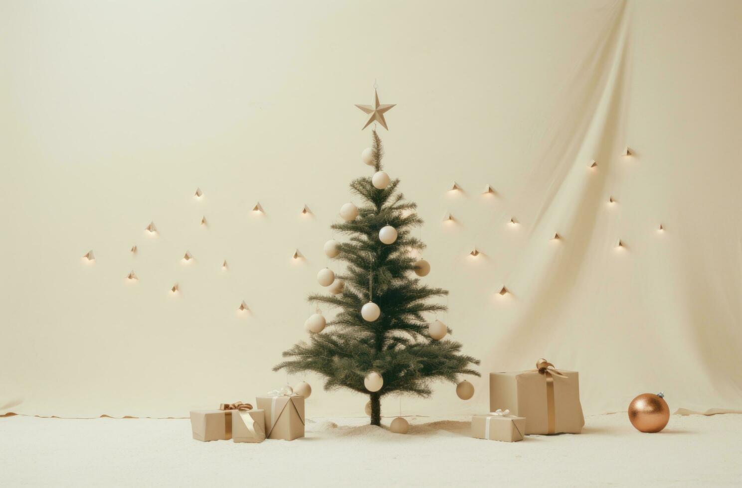 AI generated christmas tree around a beige area with baubles, photo