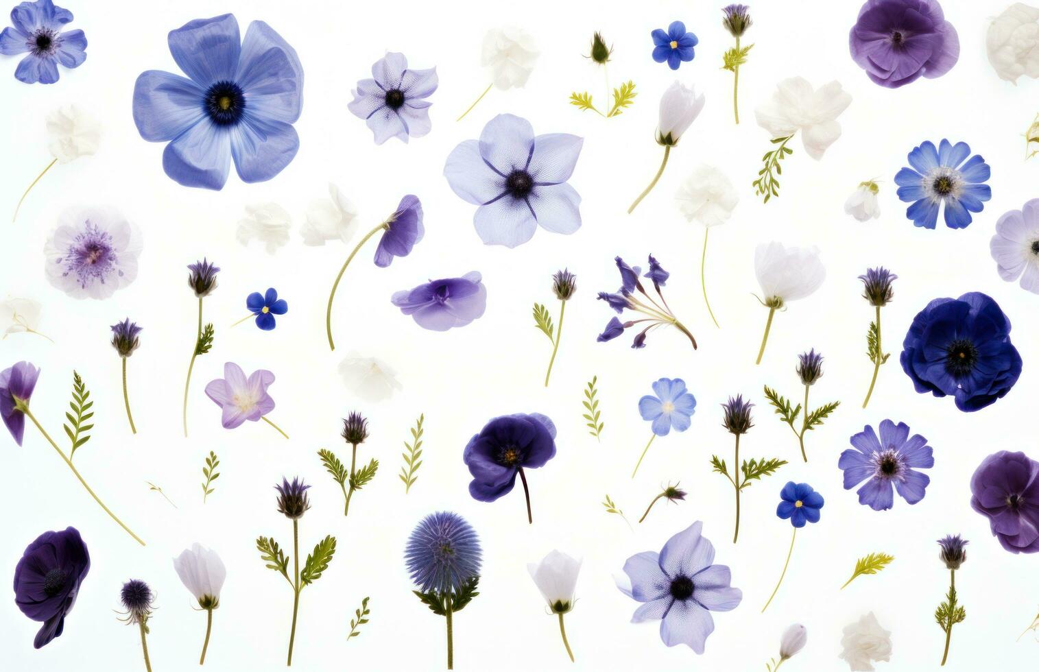 AI generated flowers are arranged on top of a white background photo