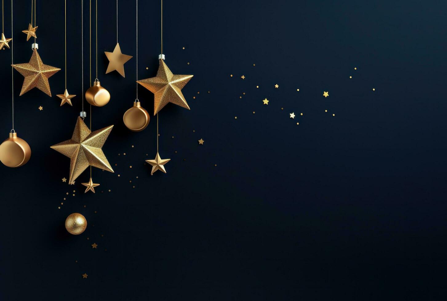 AI generated gold christmas ornaments arranged in a blue frame with stars photo