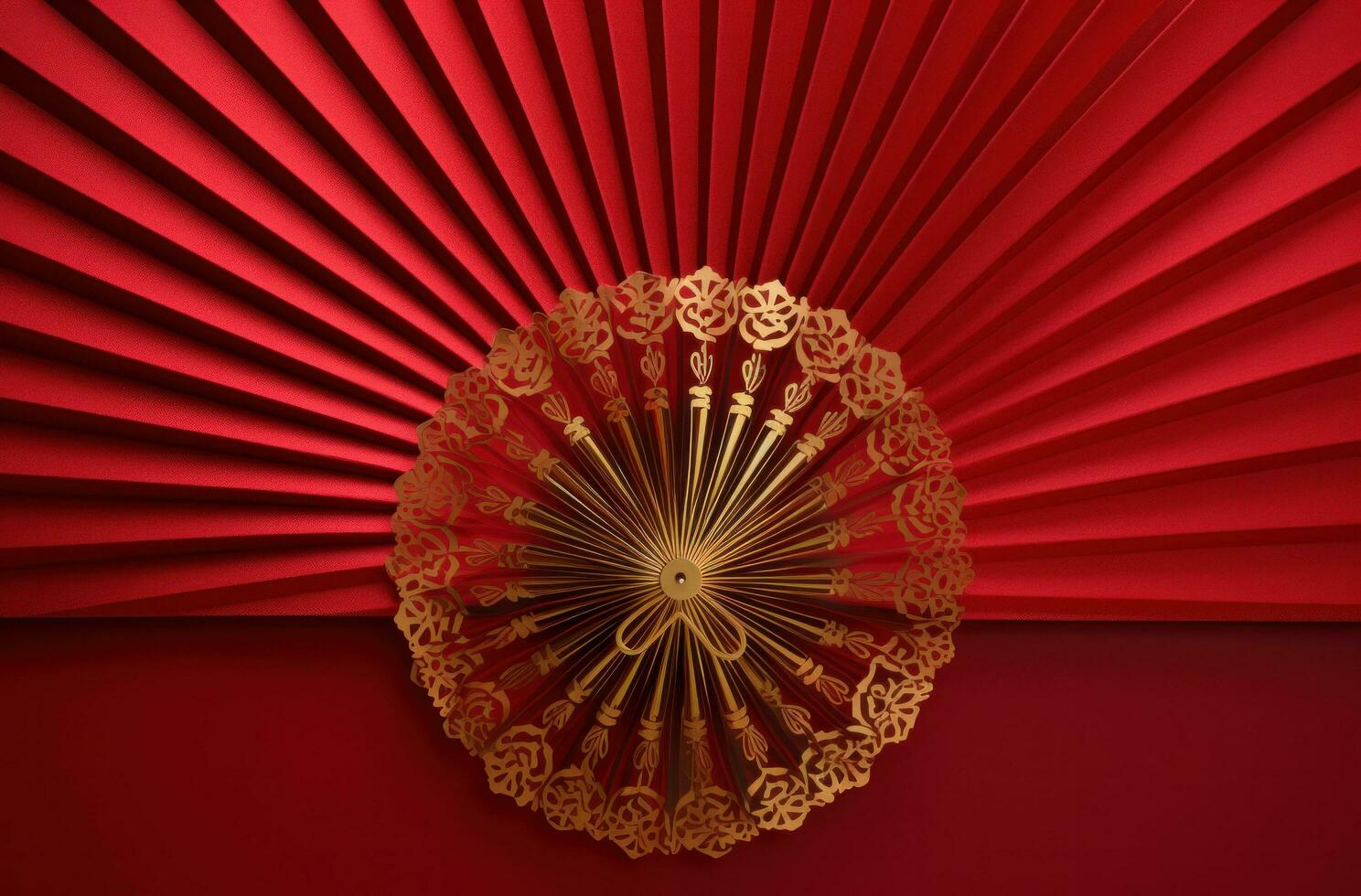 AI generated gold paper fan on red background, photo