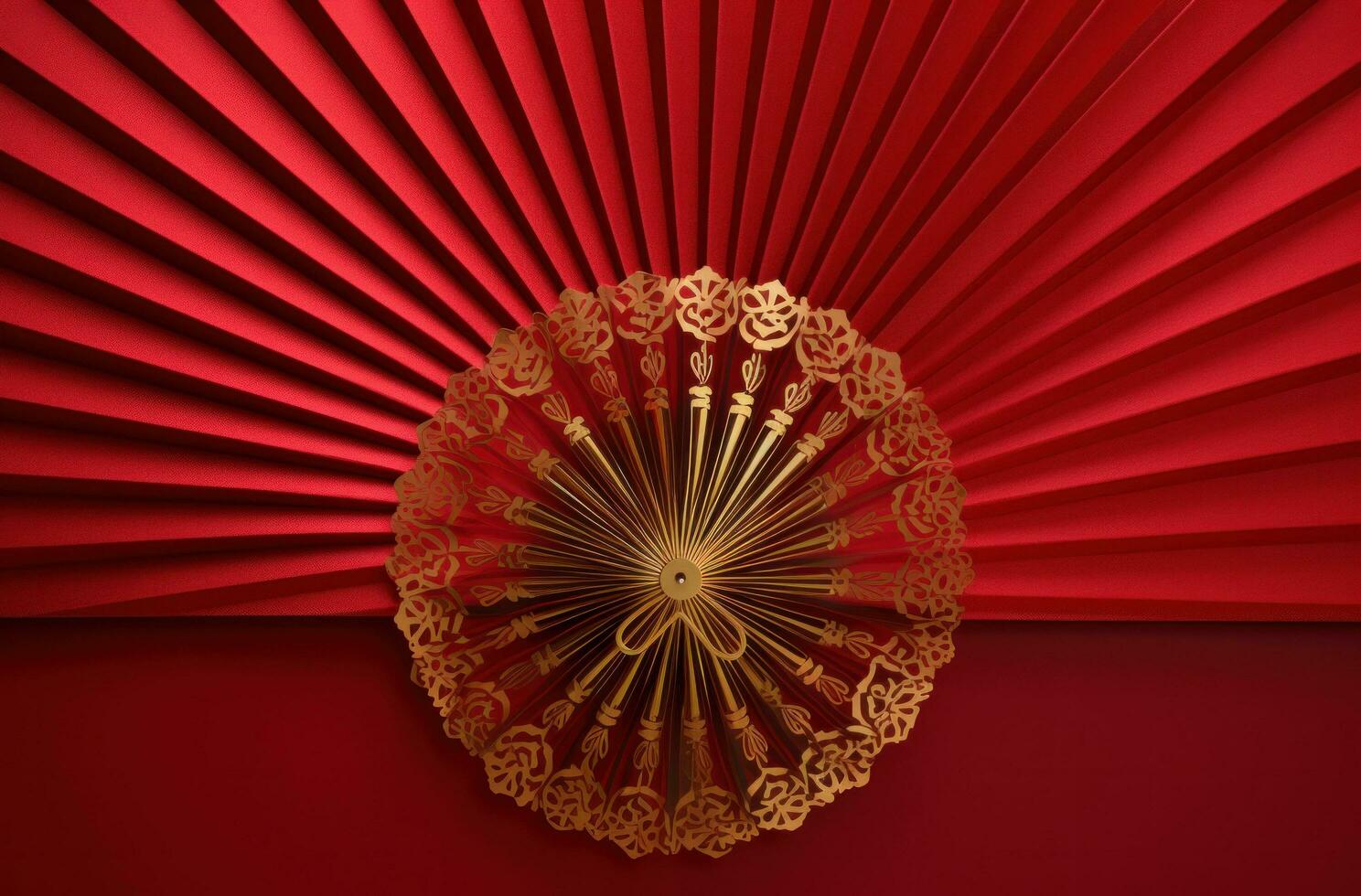 AI generated gold paper fan on red background, photo