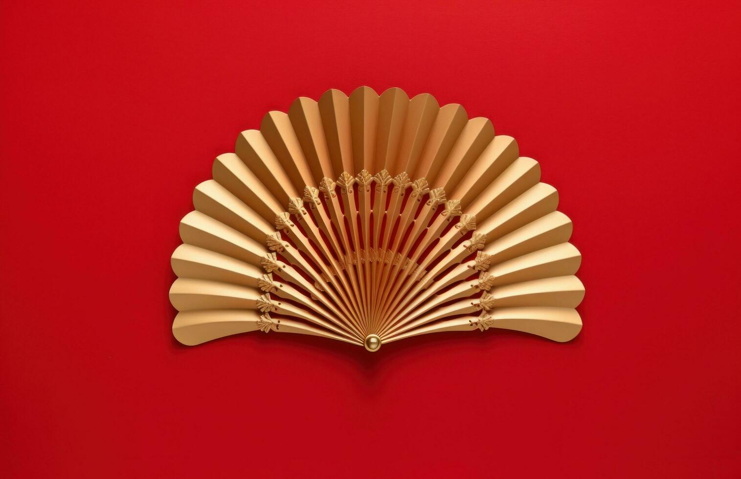 AI generated gold paper fan on red background, photo