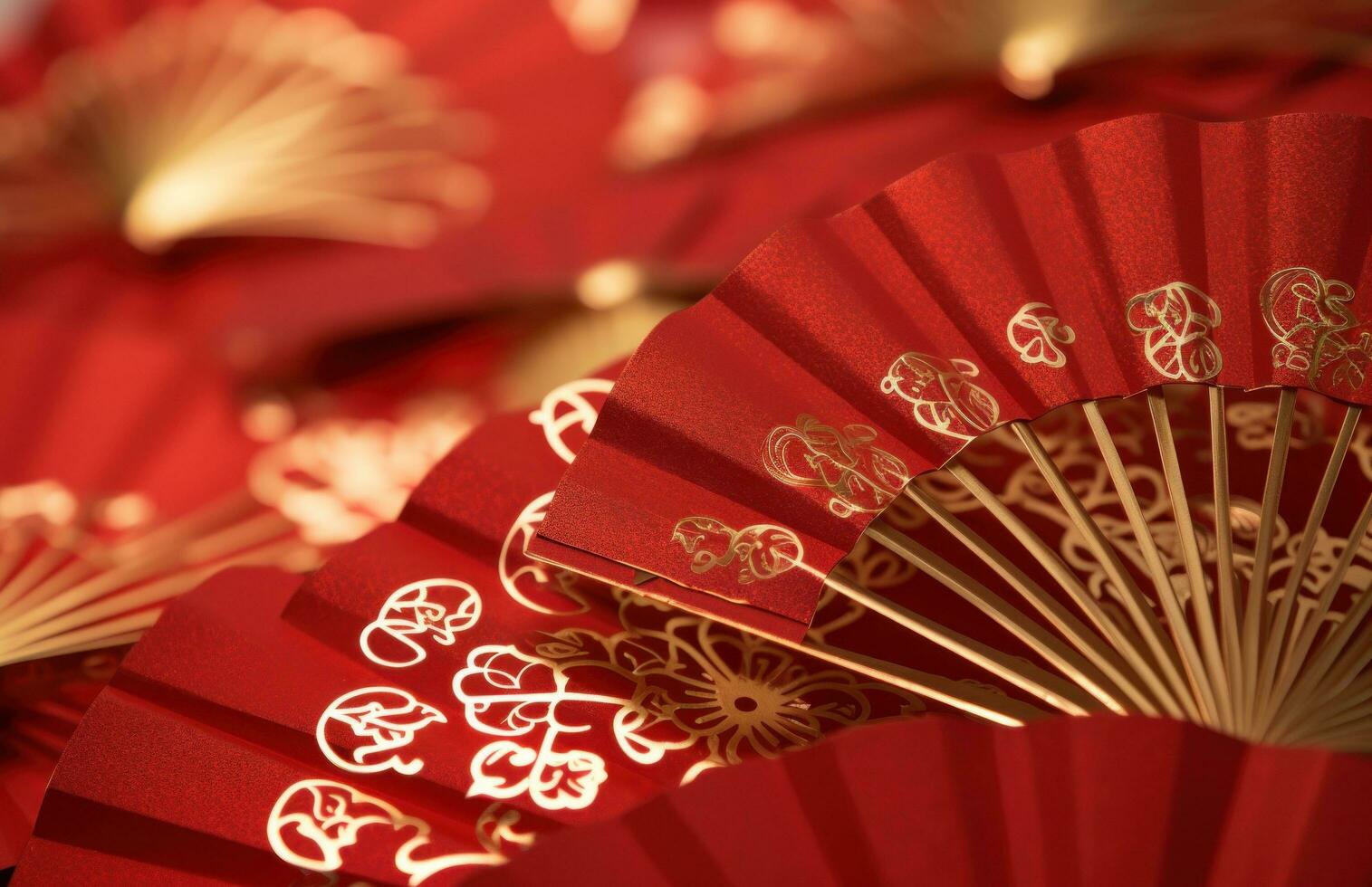 AI generated decorative chinese new year fan patterns printed on a red background, photo