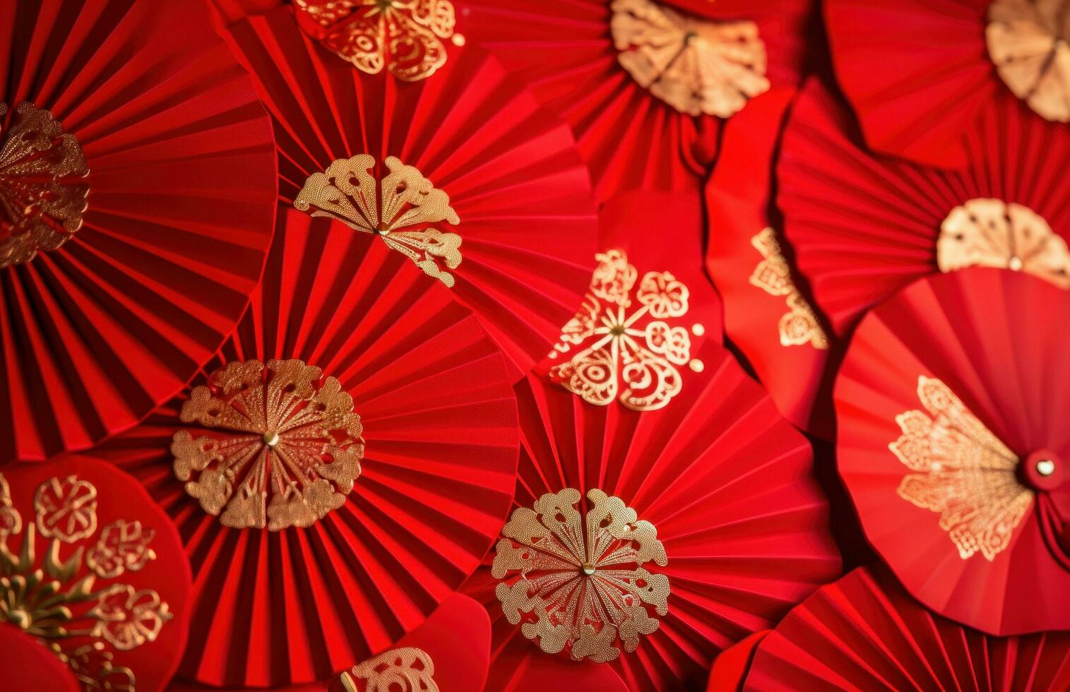 AI generated decorative chinese new year fan patterns printed on a red background, photo