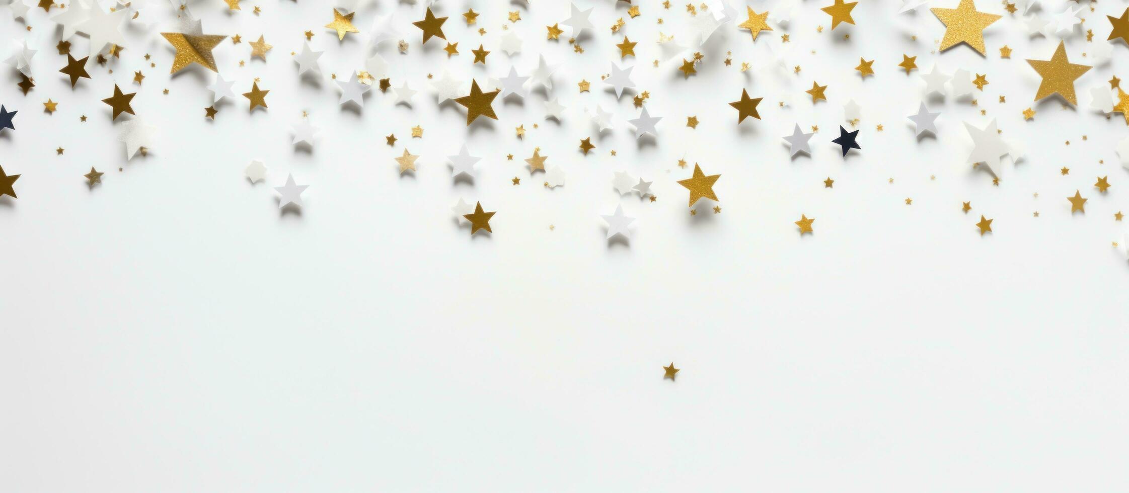 AI generated christmas holiday background with golden stars against white background, photo