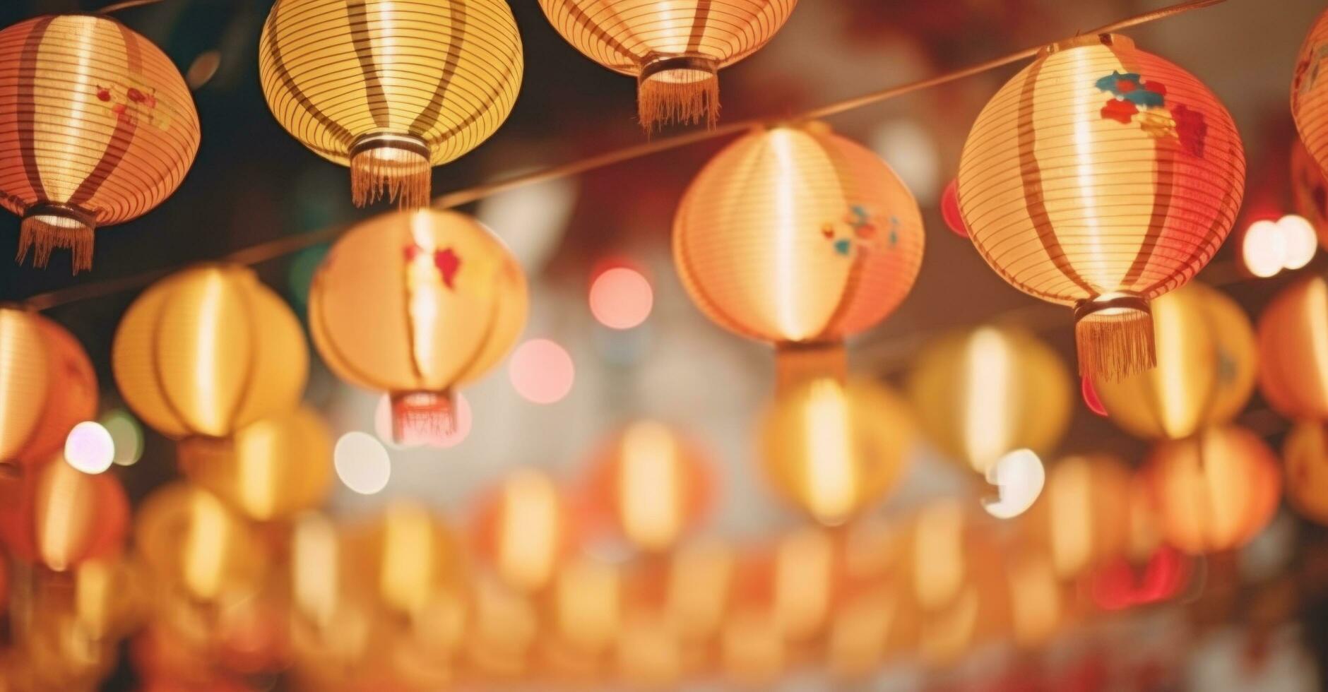 AI generated colorful paper lanterns hanging from the ceiling bokeh photo