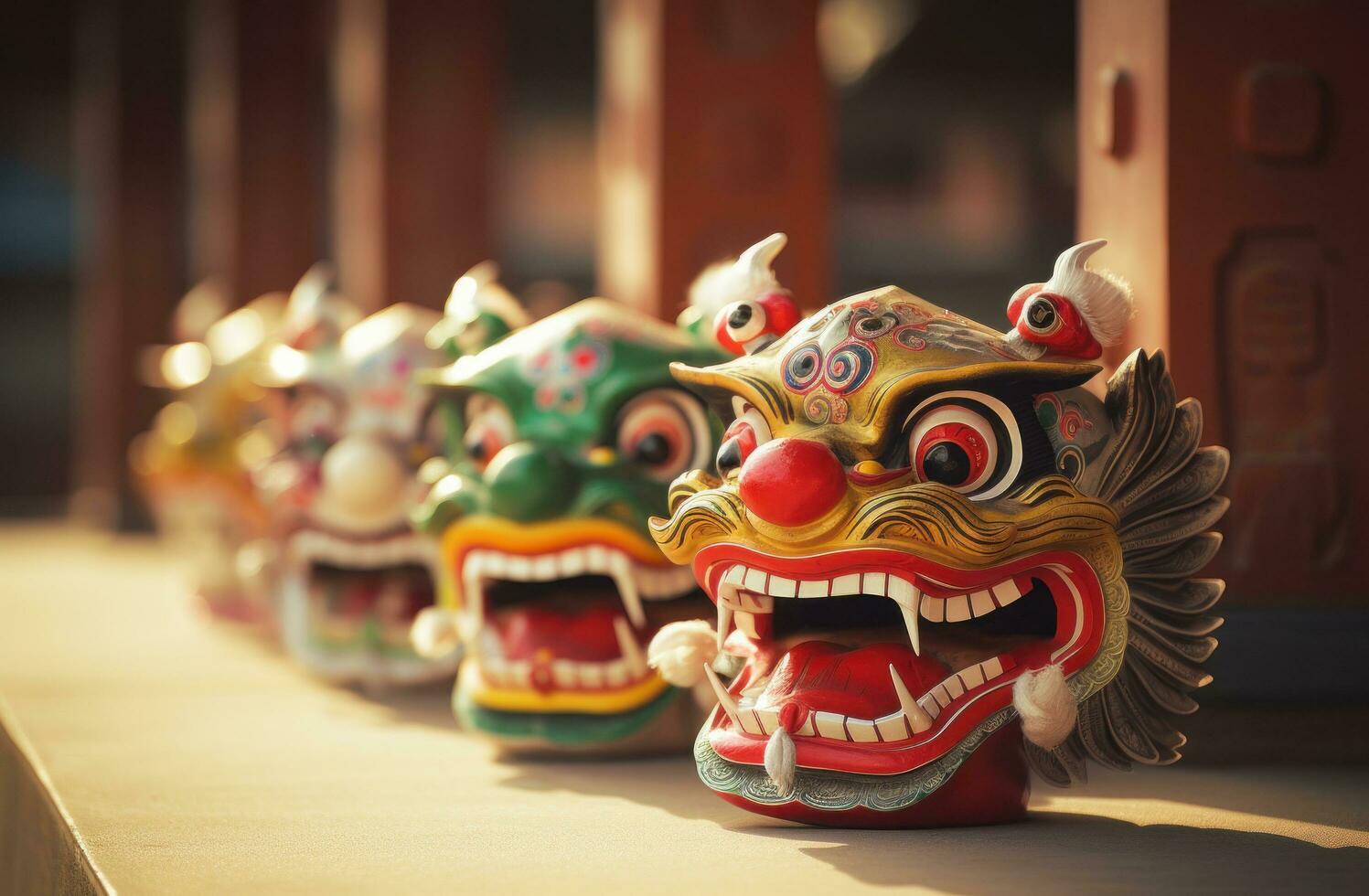 AI generated different chinese masks and decorations are placed in front of a building, photo