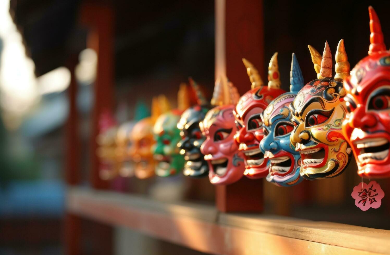 AI generated different chinese masks and decorations are placed in front of a building, photo