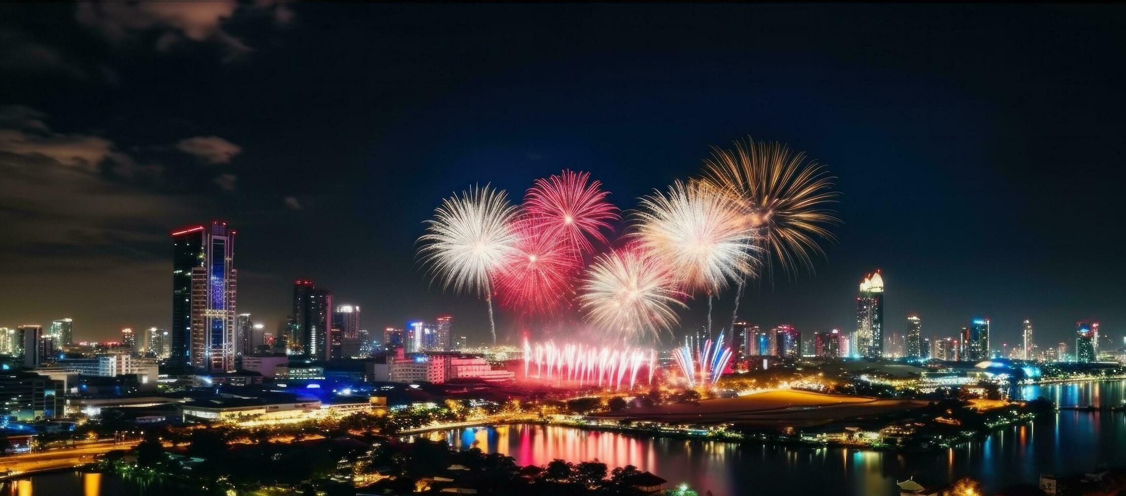 ai generado fuegos artificiales, y paisaje urbano debajo luz de la luna fuegos artificiales foto