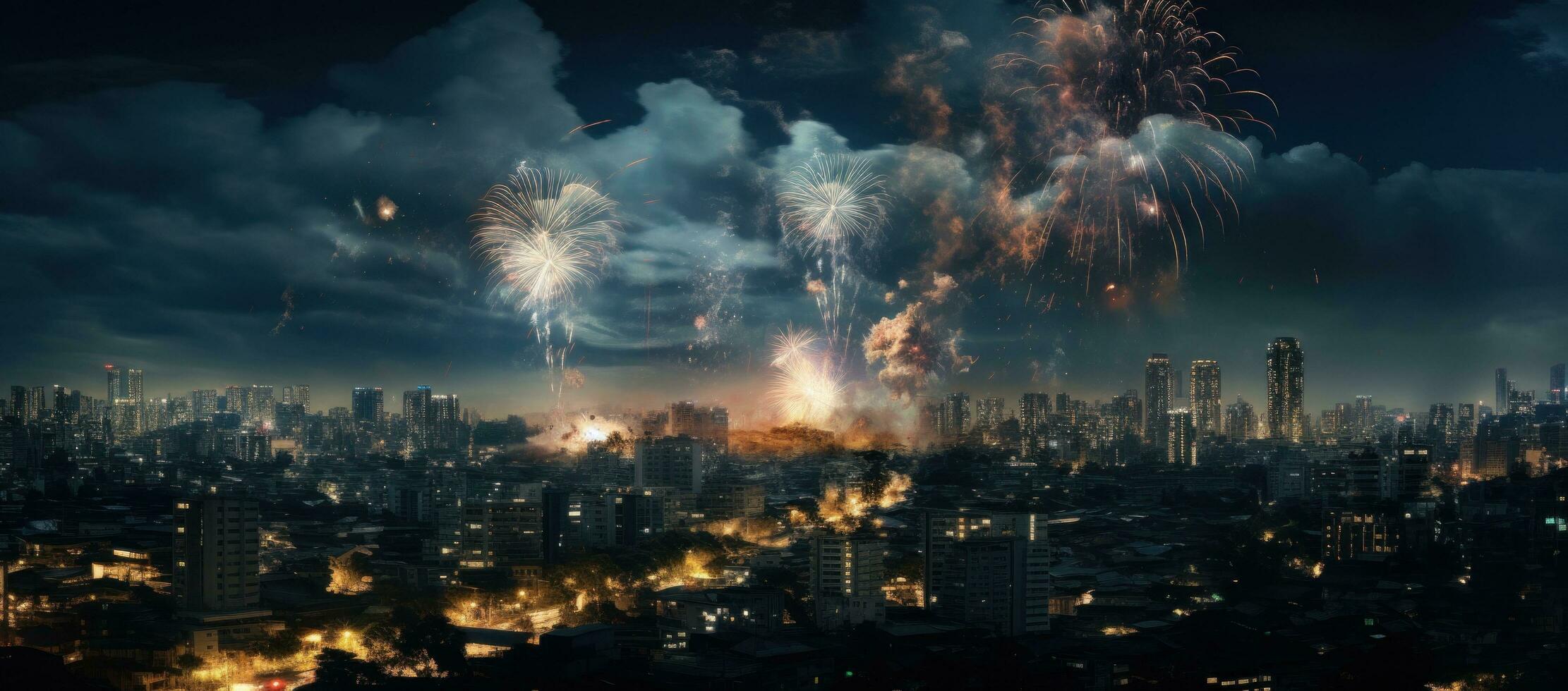 AI generated fireworks explode in an city during the new year photo