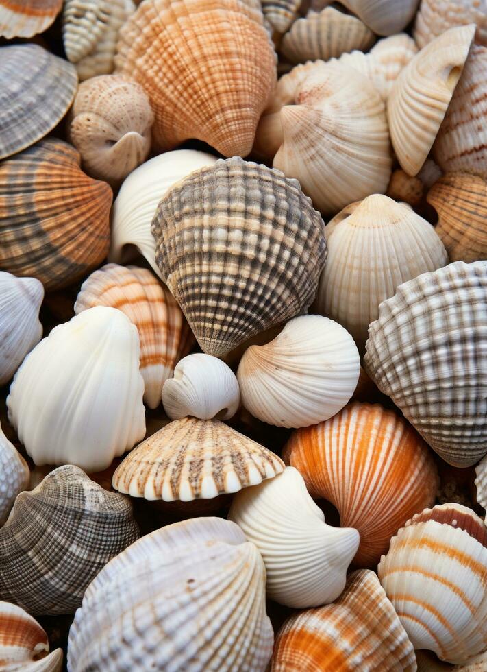 ai generado un imagen de un grande grupo de mar conchas foto