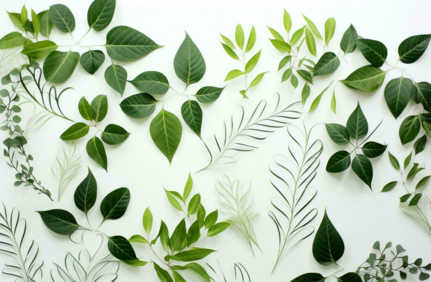 AI generated natural leaves that have been arranged onto a white background. photo